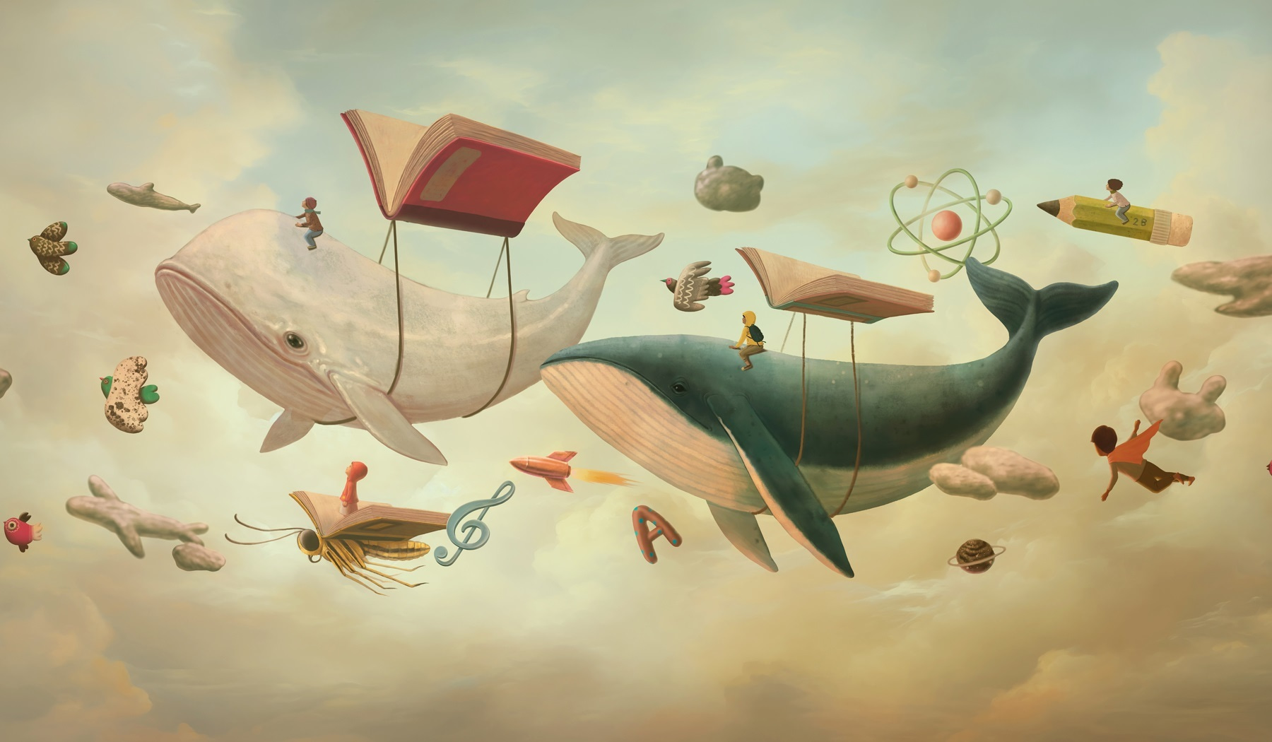 Whale and whale with books and a book on it