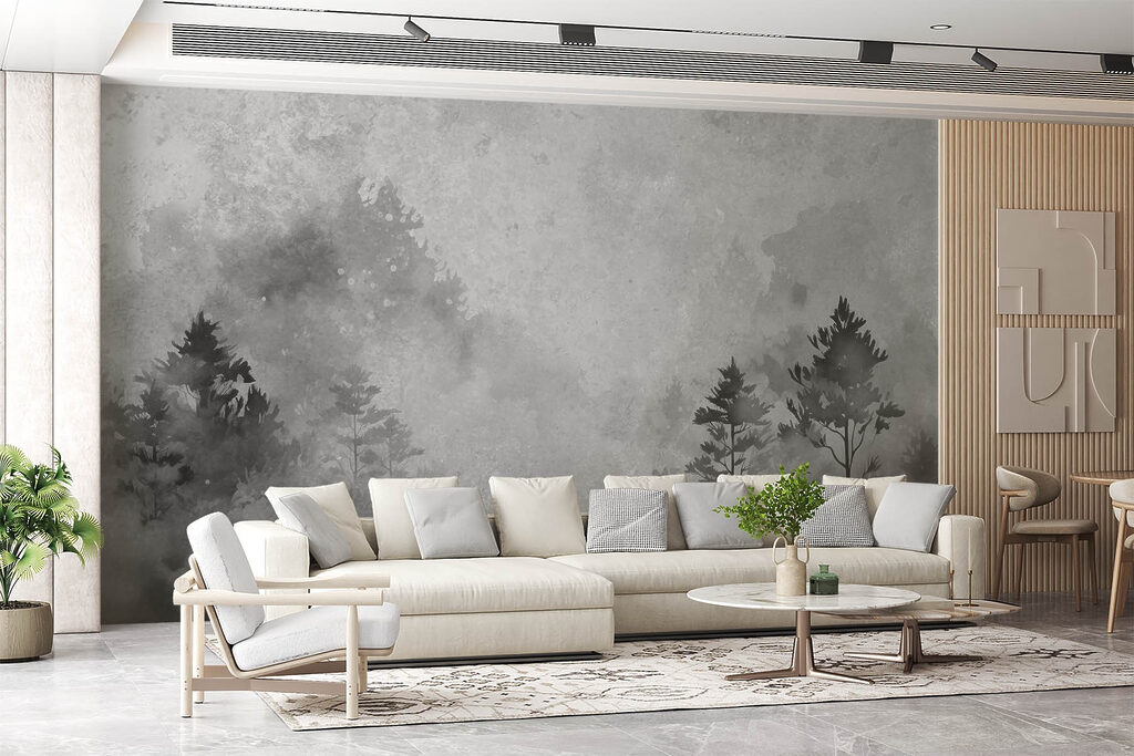 Black and white image of trees and bushes