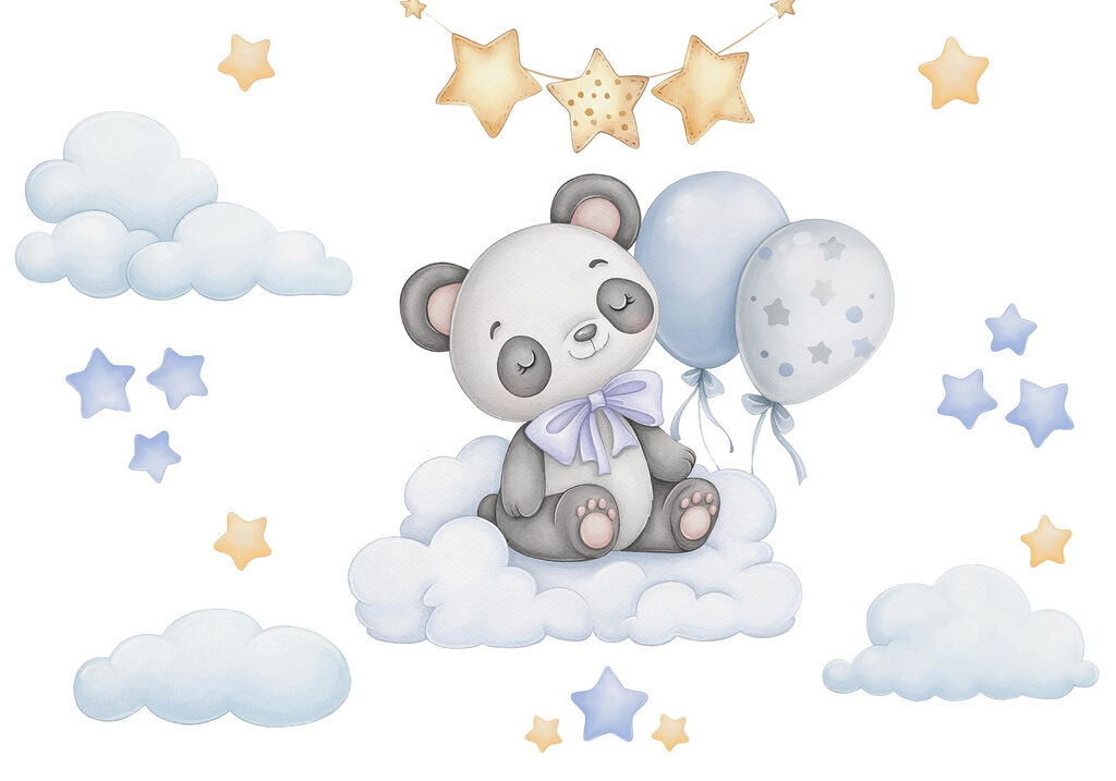 Kreslená panda sedící na obláčku s balónky Kreslená panda sedící na obláčku s balónky