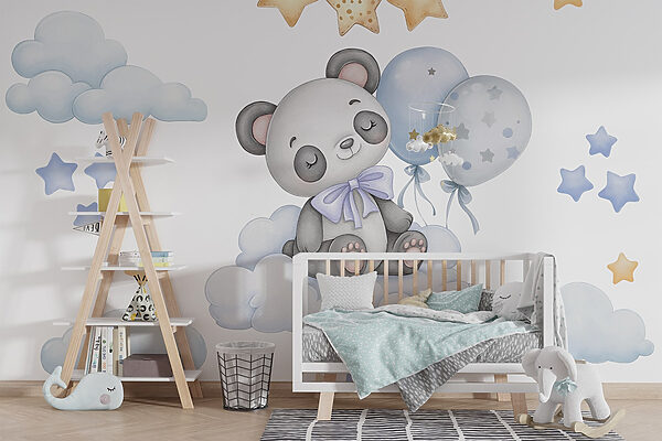 Kreslená panda sedící na obláčku s balónky Kreslená panda sedící na obláčku s balónky