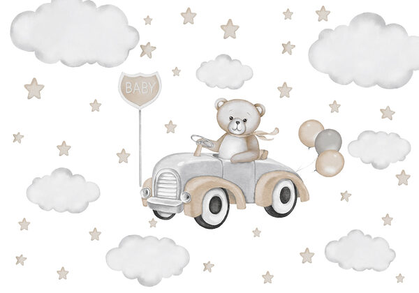 Medvídek řídí auto s balónky Medvídek řídí auto s balónky