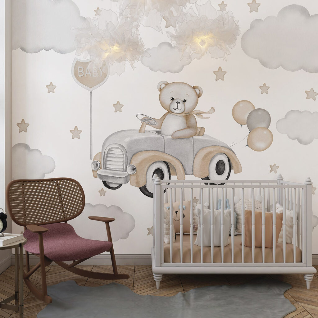 Teddy bear driving a car with balloons