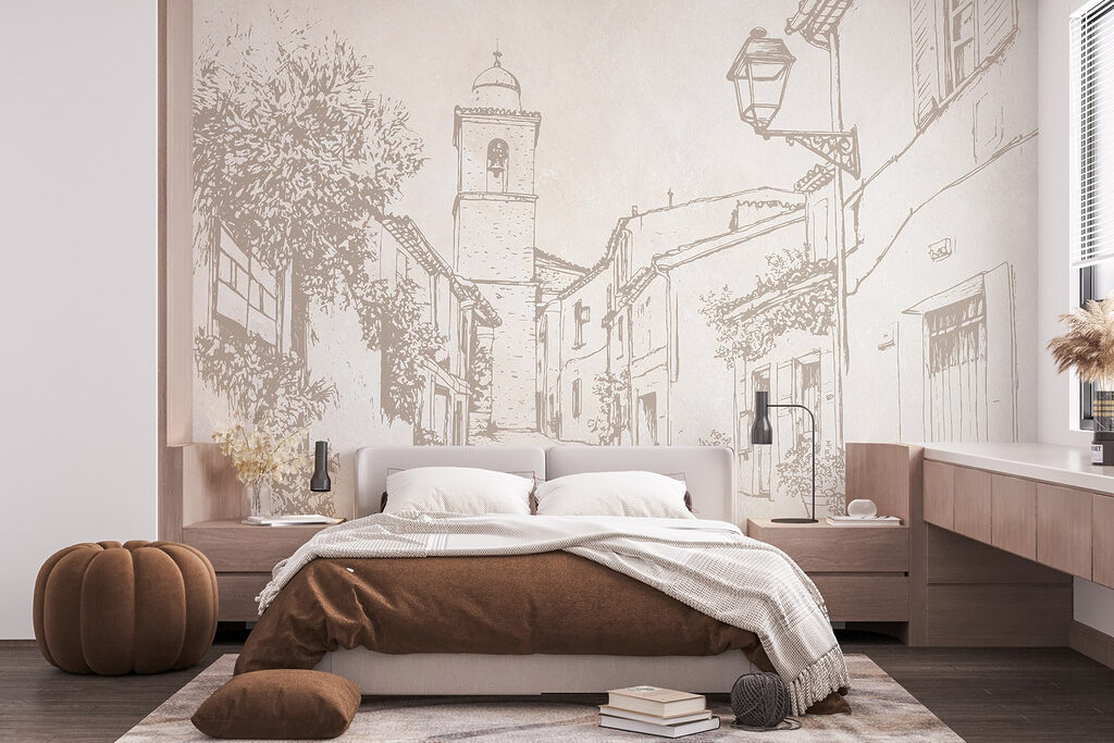 Drawing of a street with a bell tower Drawing of a street with a bell tower