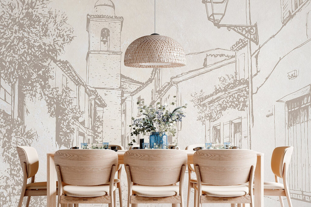 Drawing of a street with a bell tower Drawing of a street with a bell tower