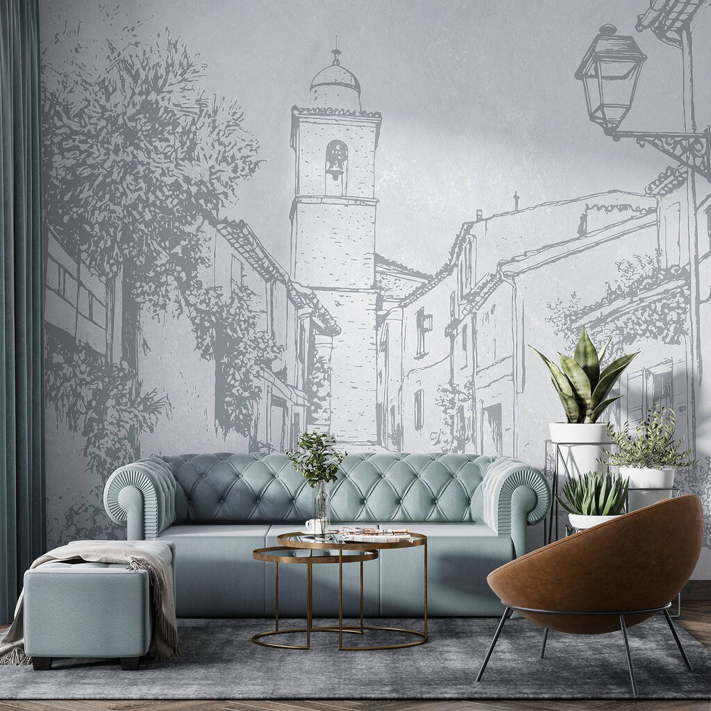 Drawing of a street with a bell tower Drawing of a street with a bell tower