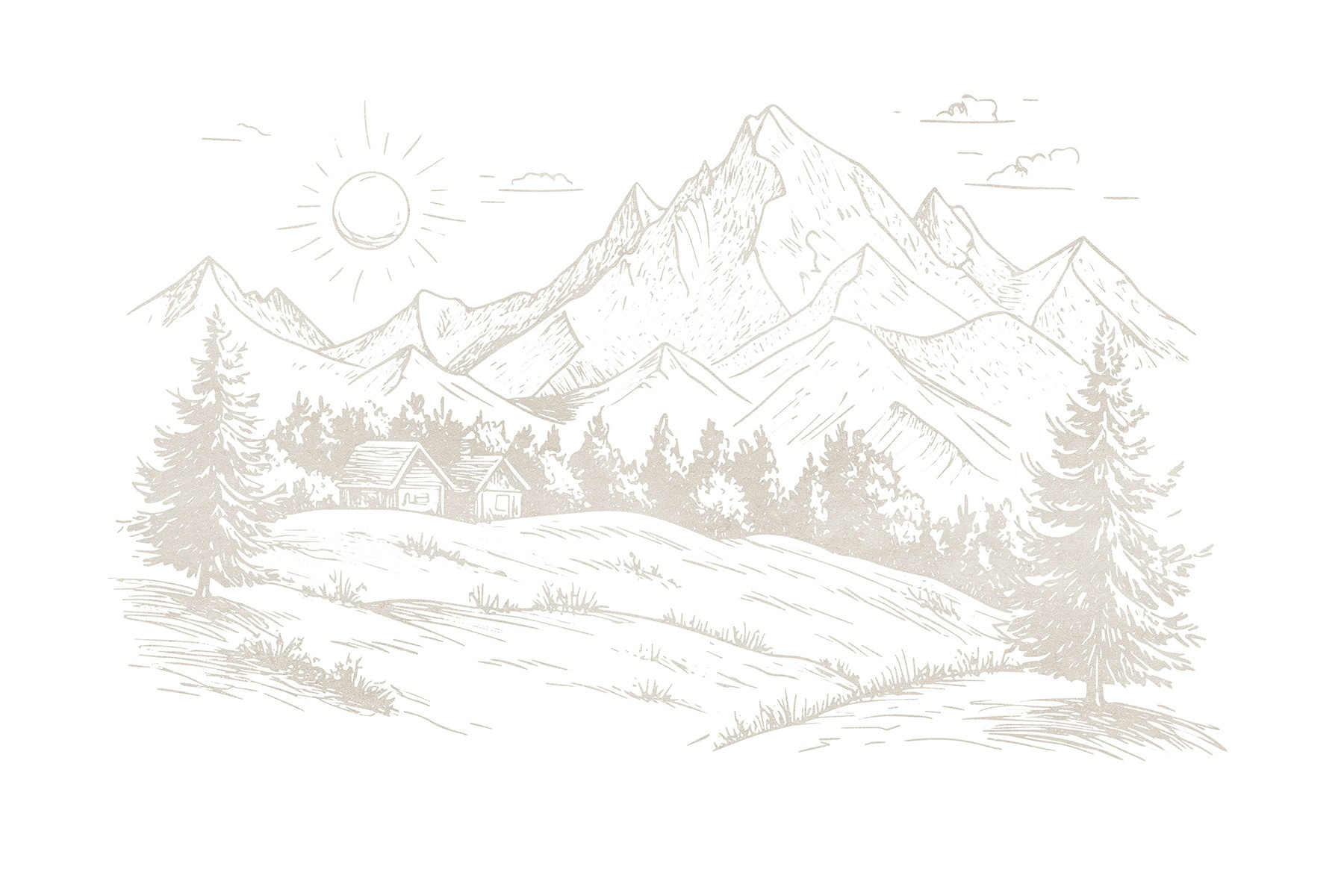 Drawing of a landscape with mountains and trees Drawing of a landscape with mountains and trees
