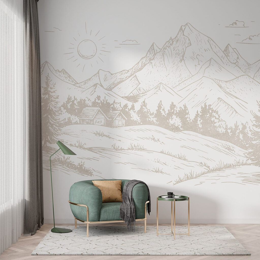 Drawing of a landscape with mountains and trees Drawing of a landscape with mountains and trees