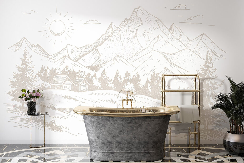 Drawing of a landscape with mountains and trees Drawing of a landscape with mountains and trees