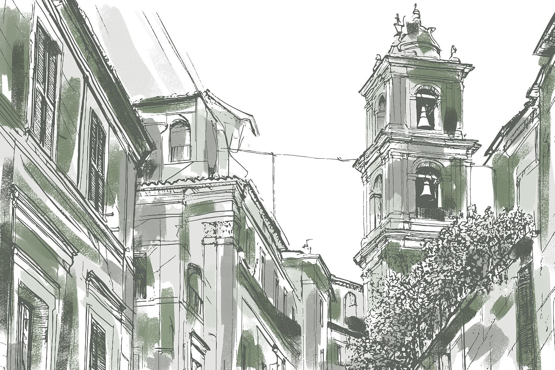 Drawing of a building with bells Drawing of a building with bells