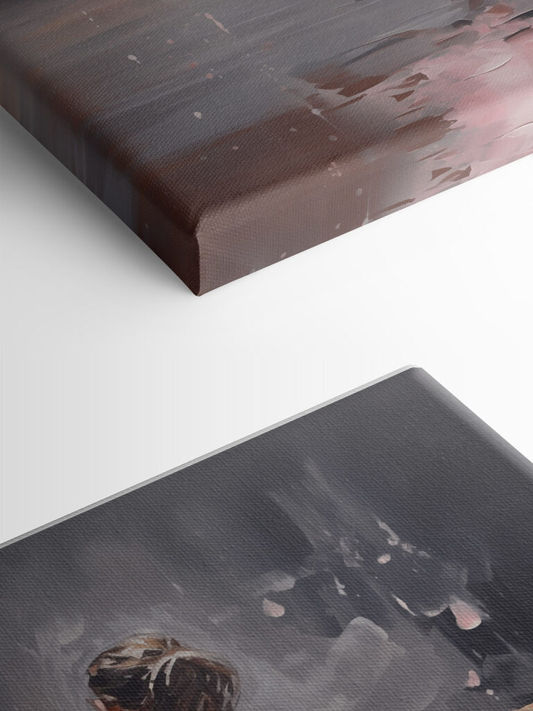 Painting of a girl in a pink dress dancing in the rain