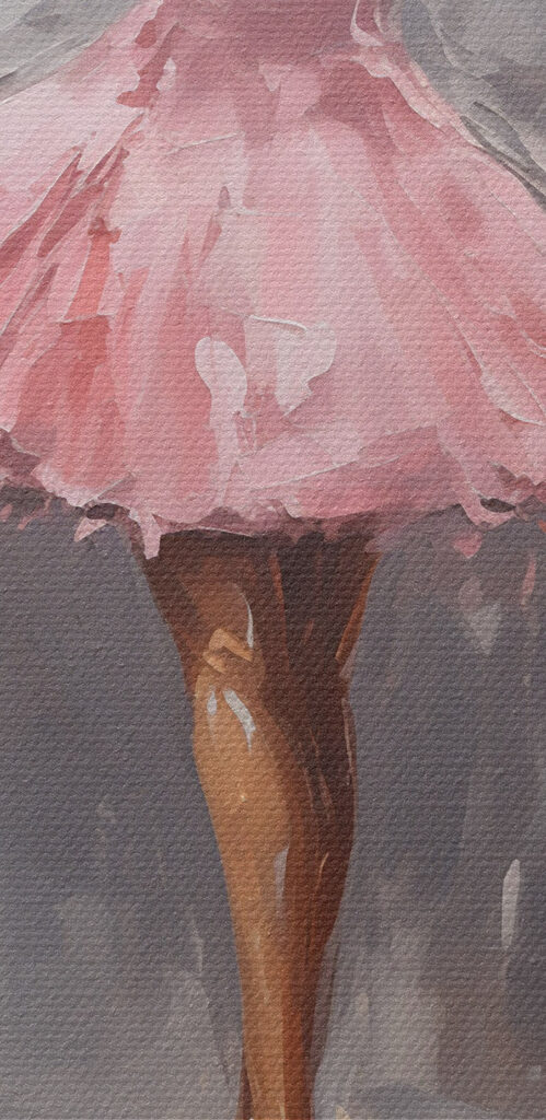 Painting of a girl in a pink dress dancing in the rain