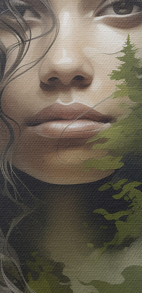 Woman's face with trees in the background