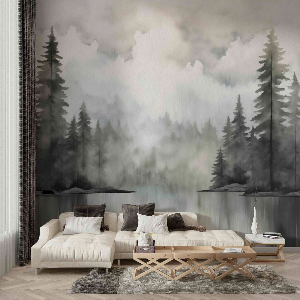 Watercolor painting of a forest and a lake