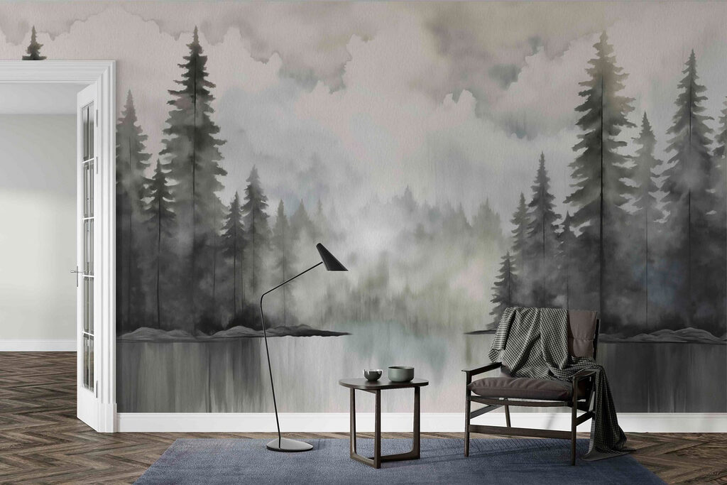 Watercolor painting of a forest and a lake