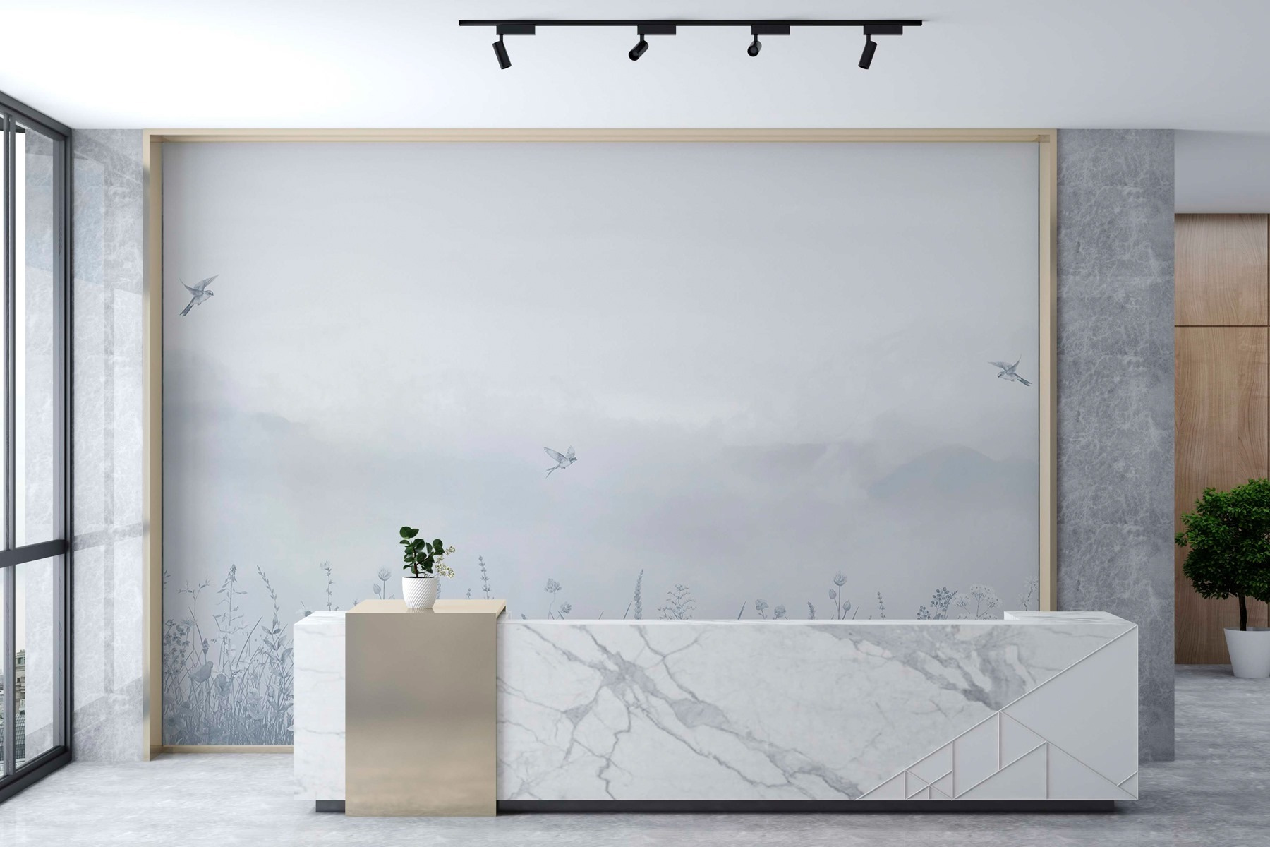 Bird flying over a field of flowers