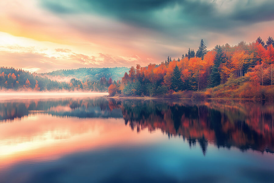 Jezero se stromy a mraky na obloze