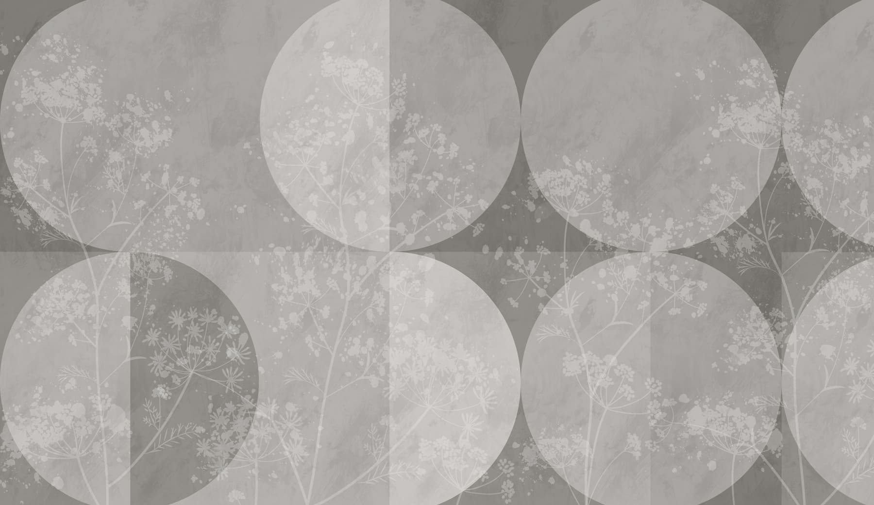 Grey and white background with circles and flowers
