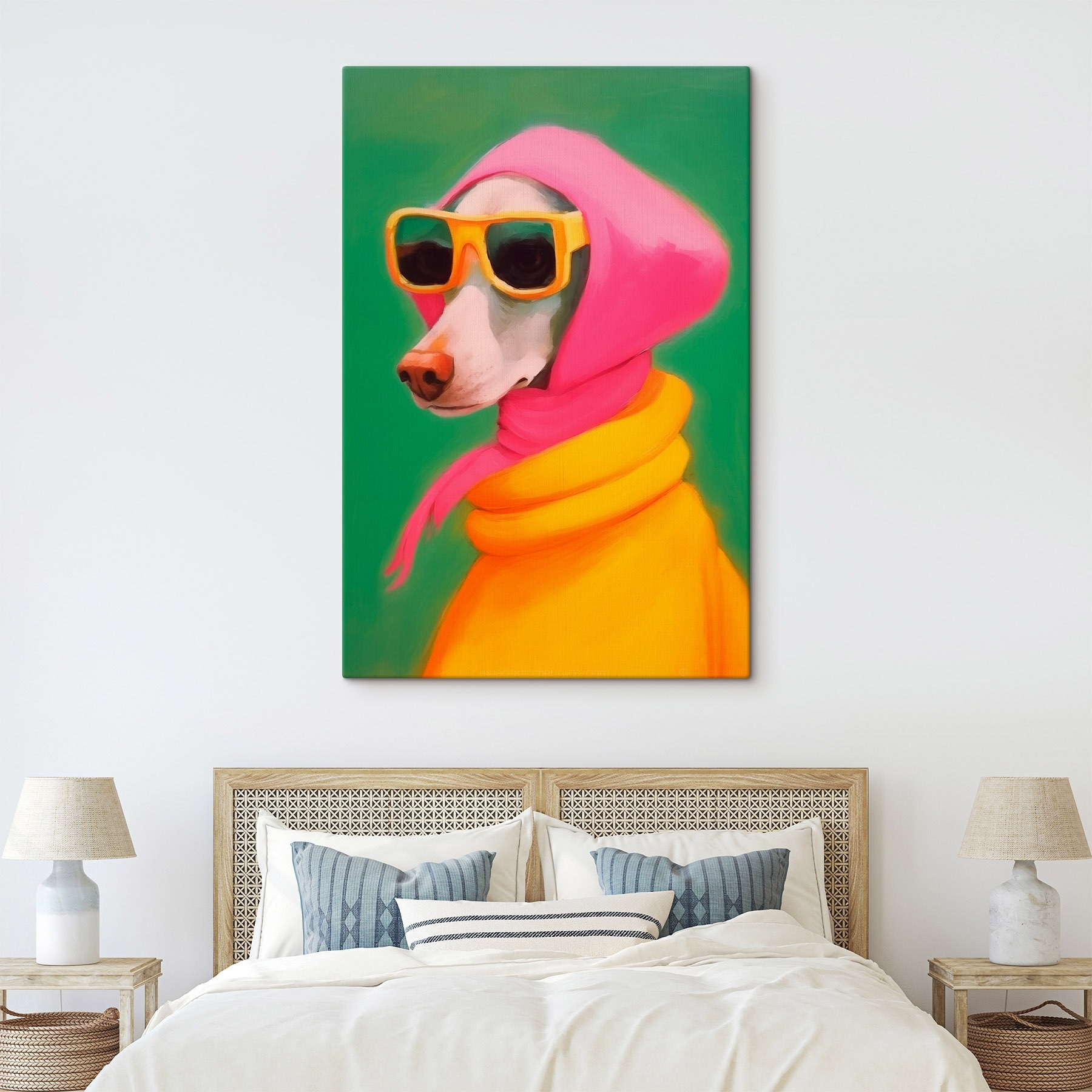 Dog wearing a pink scarf and sunglasses