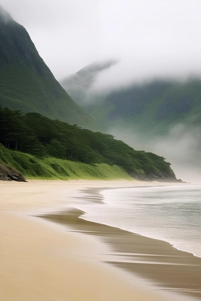 Beach with trees and mountains