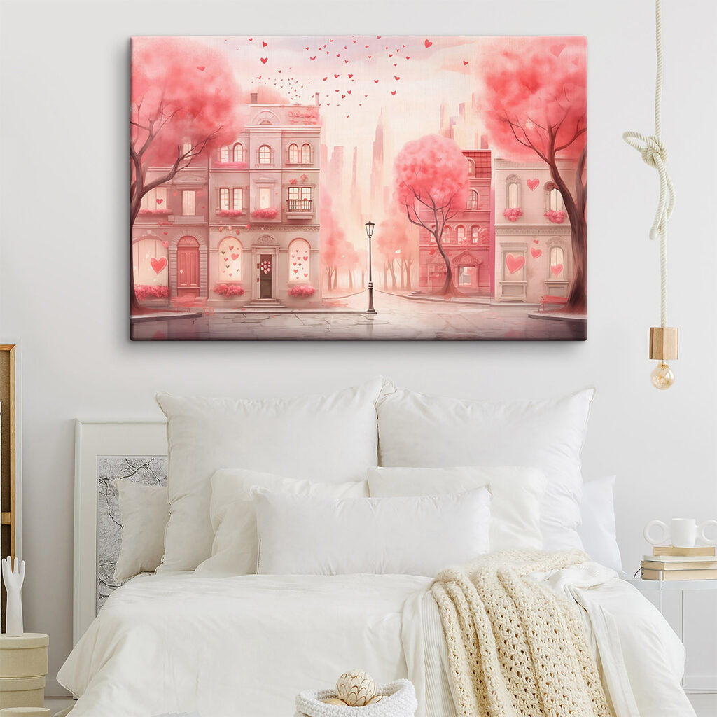 Pink trees with hearts falling from the sky