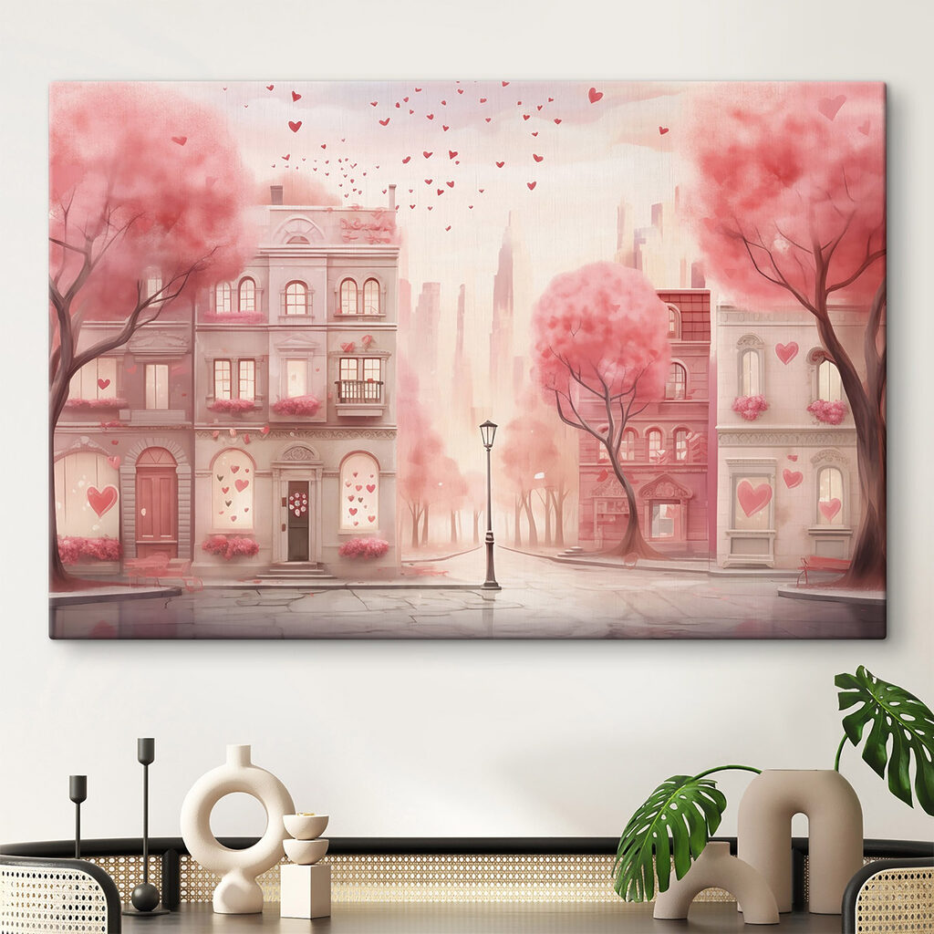 Pink trees with hearts falling from the sky