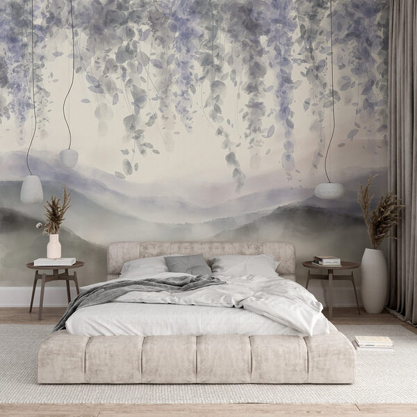 Painting of a landscape with fog and leaves