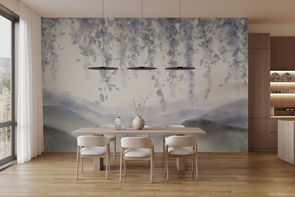 Painting of a landscape with fog and leaves