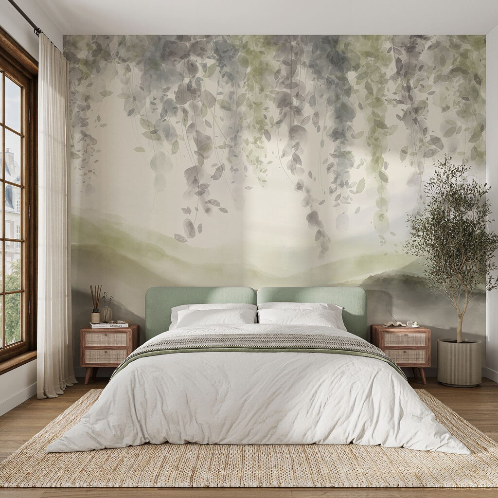 Painting of a landscape with leaves from the ceiling