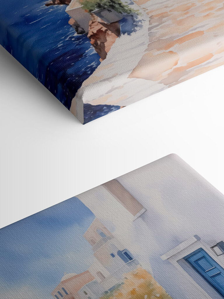 Watercolor painting of a white building with blue doors and flowers on a cliff