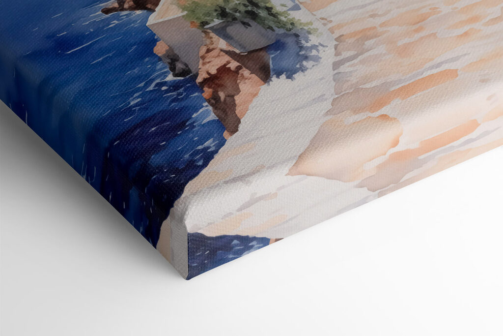 Watercolor painting of a white building with blue doors and flowers on a cliff