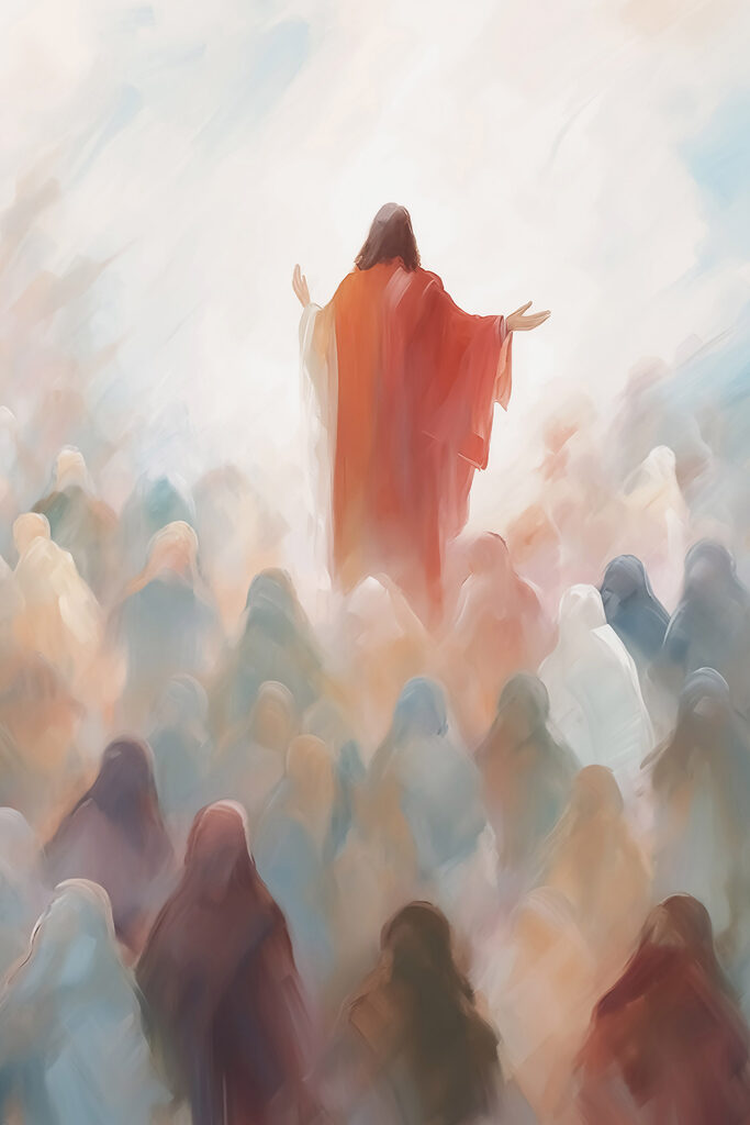 Painting of a man in a red robe surrounded by a group of people