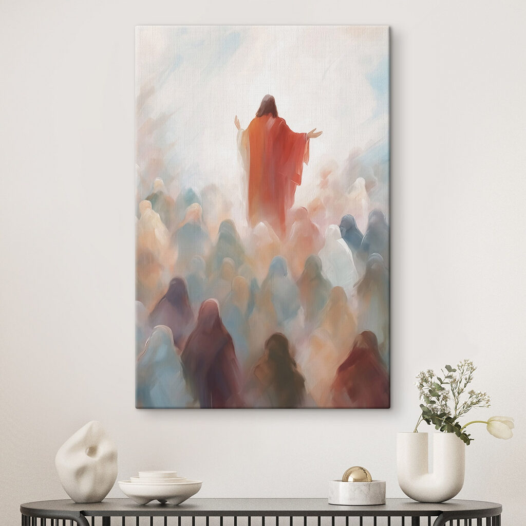 Painting of a man in a red robe surrounded by a group of people