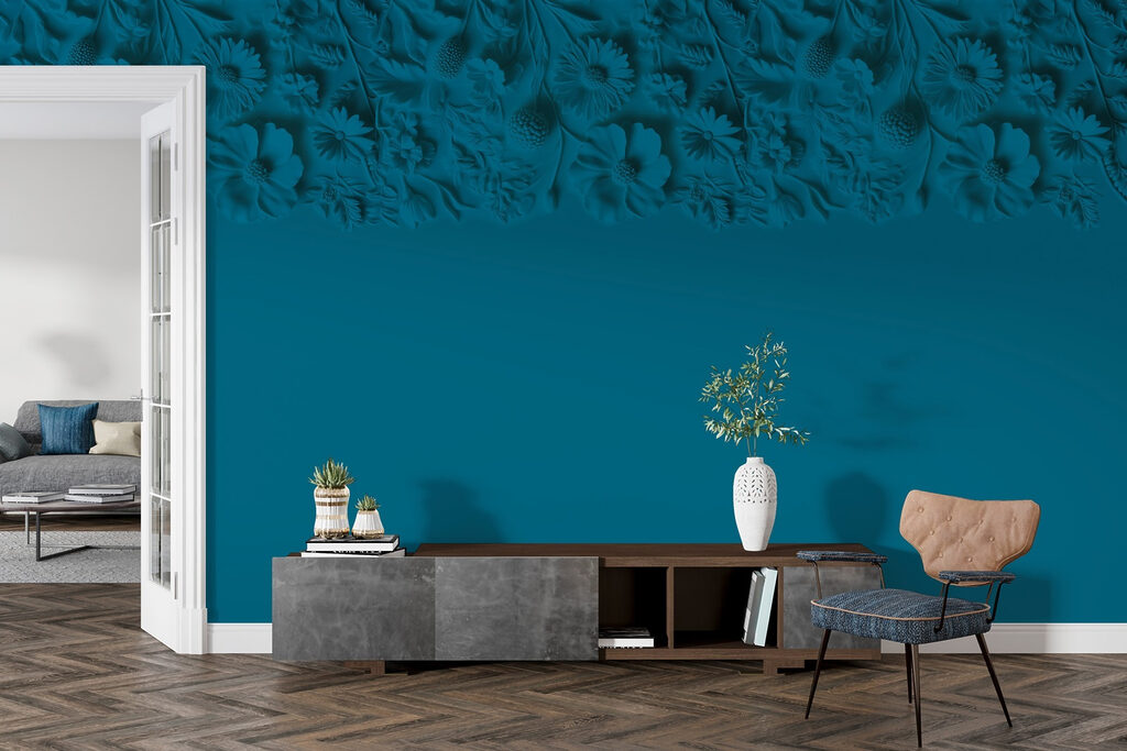 Blue background with flowers and leaves Blue background with flowers and leaves