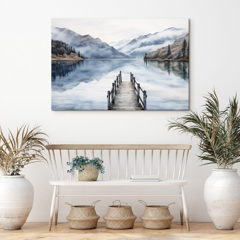 Watercolor of a dock on a lake with mountains in the background