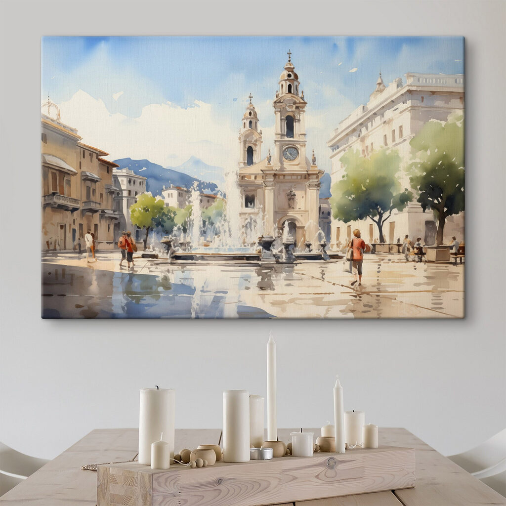 Watercolor of a building with a fountain in front of it