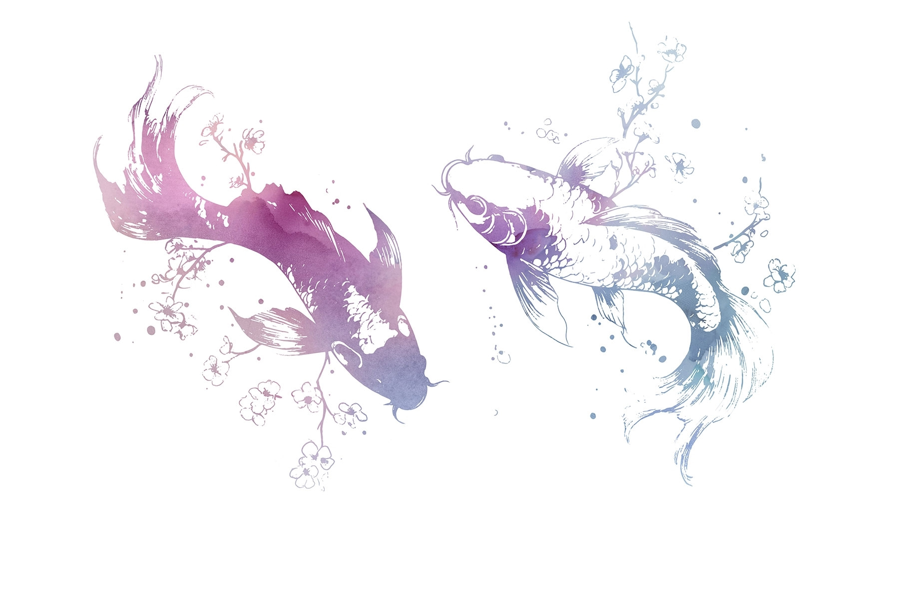 Two fish with watercolor splashes