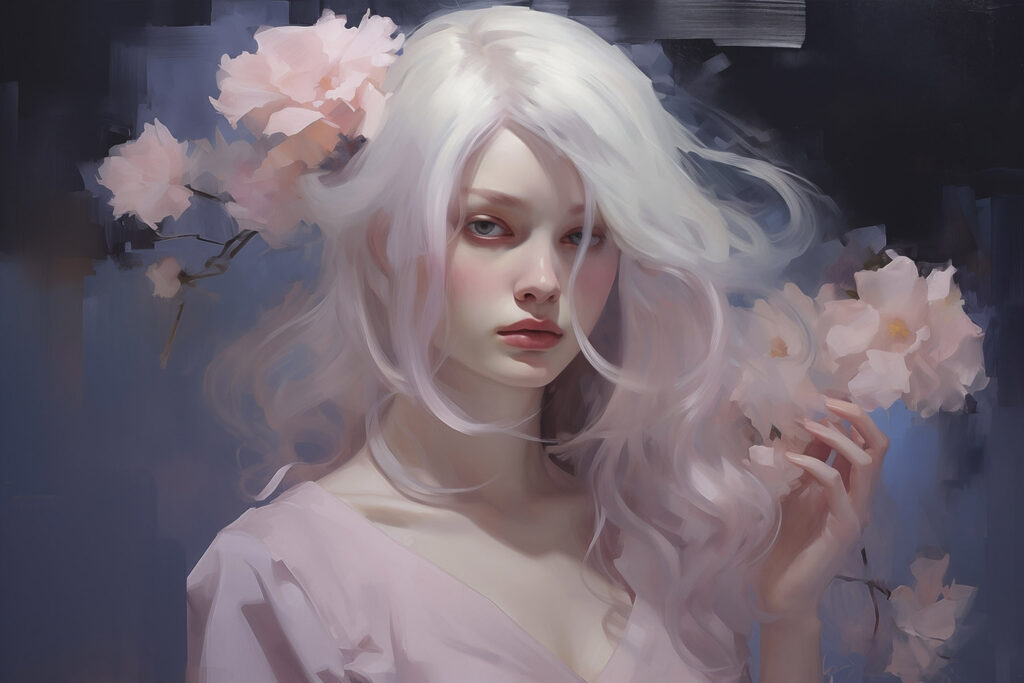 Woman with long white hair and pink flowers