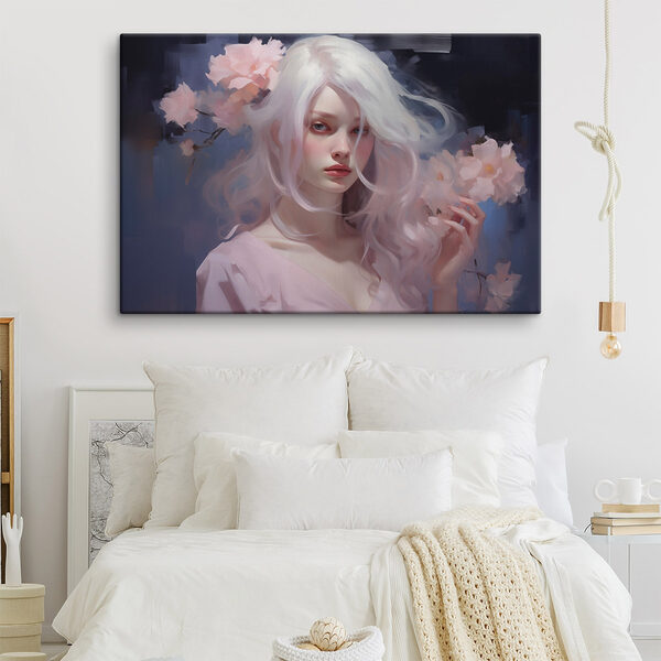 Obraz Žena s dlouhými bílými vlasy a růžovými květy