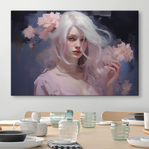 Woman with long white hair and pink flowers