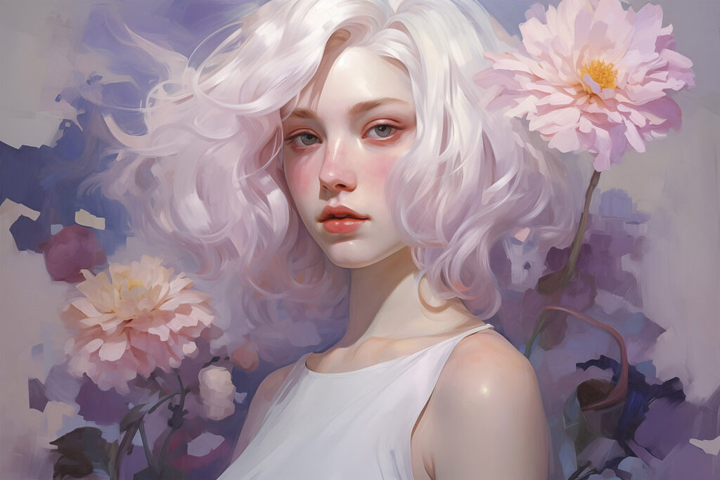 Woman with pink hair and pink flowers