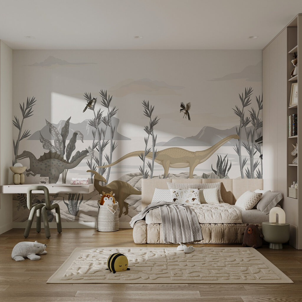 Group of dinosaurs in a desert