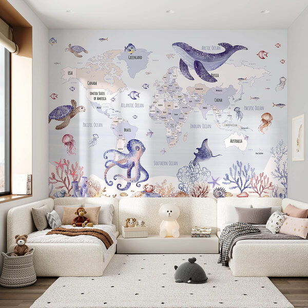 Map of the world with sea animals Map of the world with sea animals