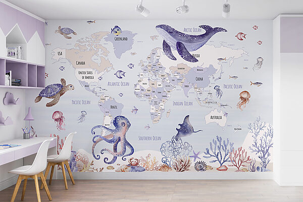 Map of the world with sea animals Map of the world with sea animals