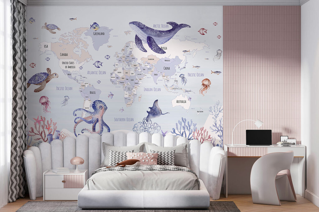 Map of the world with sea animals