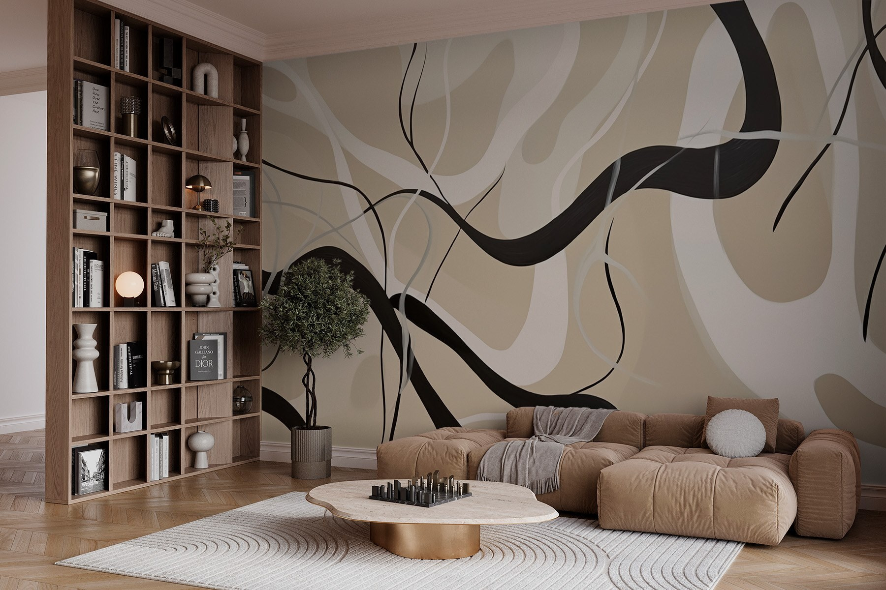 Black and white swirls on a tan background