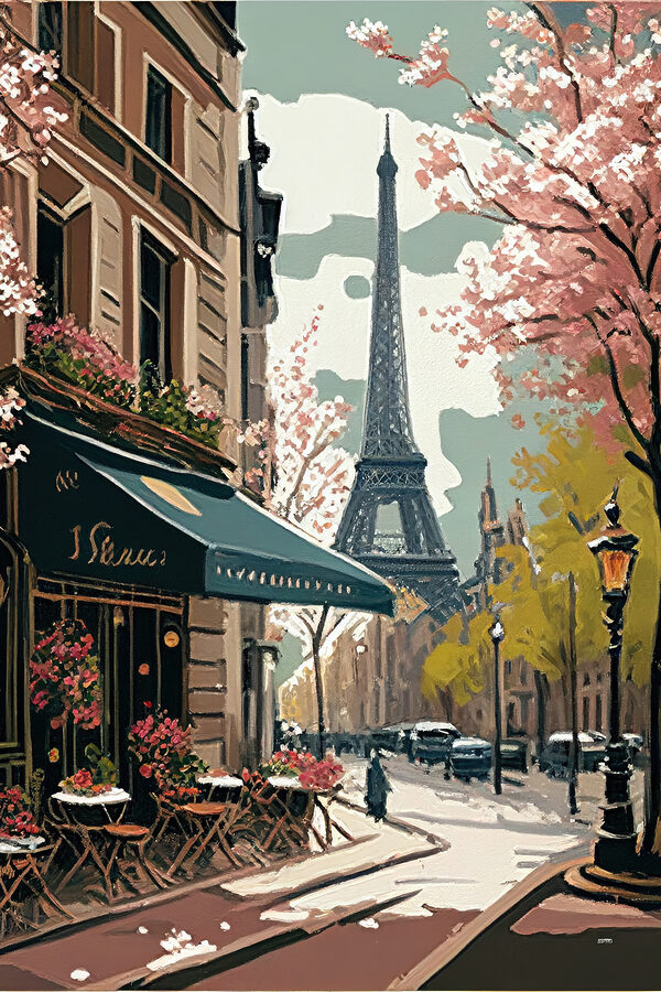 Painting of a street with a tower in the background