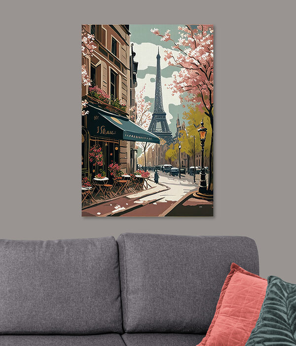 Painting of a street with a tower in the background