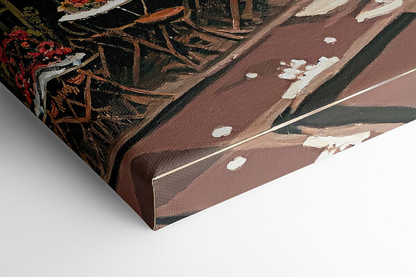 Painting of a street with a tower in the background