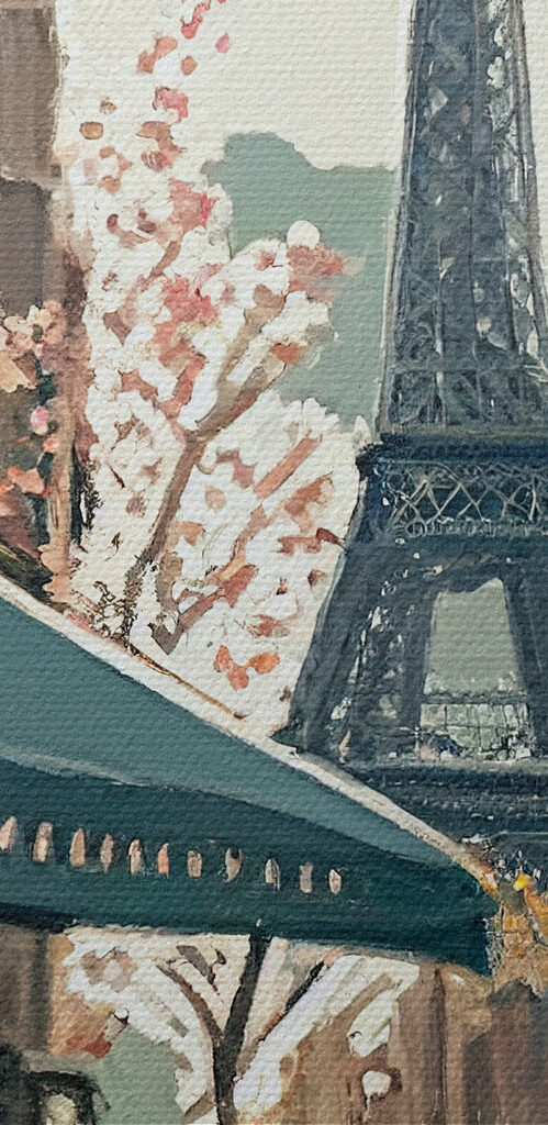 Painting of a street with a tower in the background