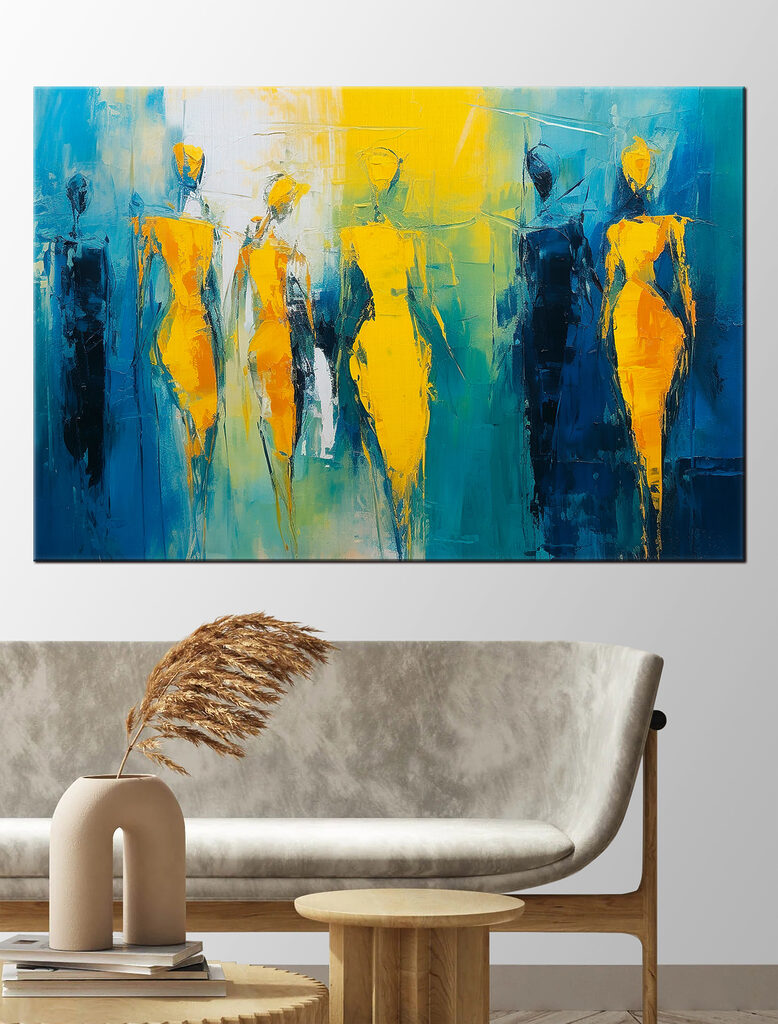 Painting of people in yellow and blue